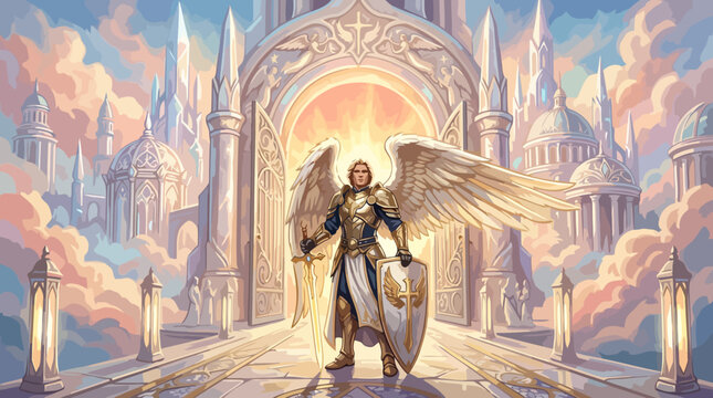 Majestic Archangel Warrior with Golden Wings and Shining Armor.