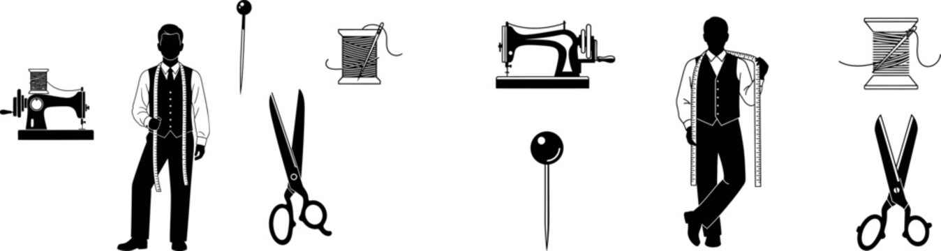 Sewing icons, tailor graphics, vector sewing tools, black silhouette illustrations