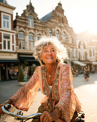 Obraz premium A joyful elderly woman rides a bicycle in a sunlit European town square with historic buildings in the background.