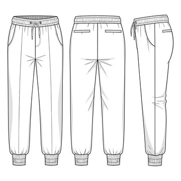Technical sketch of sweatpants showing front side and back views