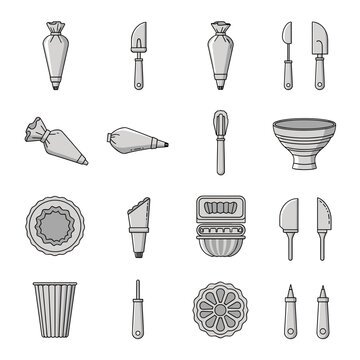 Set of professional baking tools including piping bags and spatulas