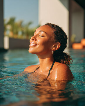 A woman enjoys a peaceful moment with eyes closed, basking in sunlight while relaxing in a swimming pool.