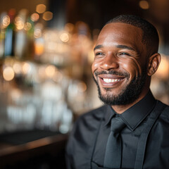 Obraz premium Smiling man in a black shirt and tie stands in a softly lit bar with blurred colorful bottles in the background.