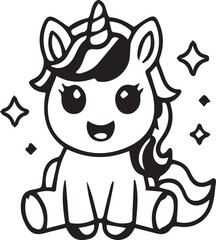 Fototapeta premium cute sitting baby unicorn coloring page with stars vector line art.
