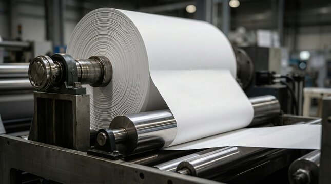Large paper roll feeding through industrial converting machine in factory