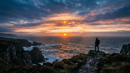 Fototapeta premium Adventurous person with a backpack stands firmly on a rugged cliff edge, observing the magnificent and colorful sunset over the expansive, powerful ocean waters.