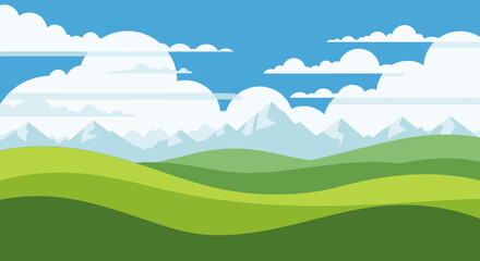 Obraz premium Minimalist Flat Design Landscape Illustration with Rolling Green Hills and Mountains