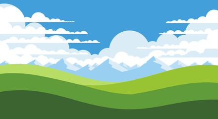 Fototapeta premium Flat Vector Illustration of Green Rolling Hills and Blue Mountains with White Clouds Under a Clear Sky Landscape Background