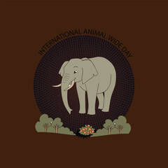 Naklejka premium Cartoon elephant with text International Animal Wide Day and fruit bush wildlife nature