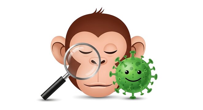 Cartoon monkey examining green smiling virus with magnifying glass
