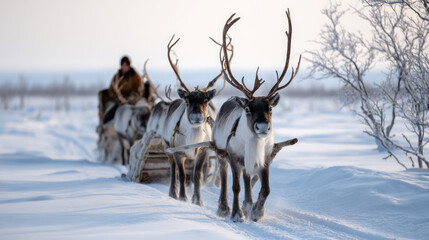 Obraz premium Reindeer pulling sled through snow, traditional gear and clothing visible. Life in permafrost conditions, climate change problems on the planet. Global warming