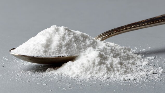 A measuring scoop of white powdered dietary supplement delivers collagen nutrition, featuring Codium benzoate and citric acid
