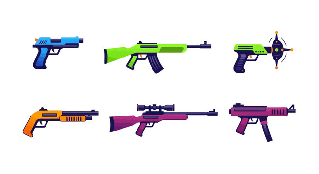 Set of cartoon-style toy guns and weapons including pistols, rifles, and shotguns