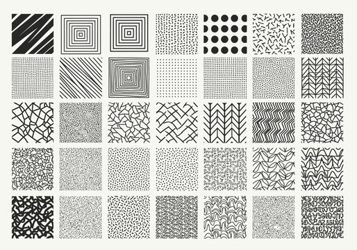 Set of 35 Hand-Drawn Black and White Abstract Geometric Pattern Swatches, Minimalist Ink Textures and Seamless Doodles for Background Design