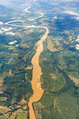 Meandering Magdalena River Aerial View in Colombia South America Featuring Sediment Rich Water and Tropical Alluvial Plain Topography