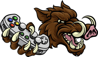 A wild boar, hog razorback warthog pig gamer sports video game gaming mascot holding a games controller © Christos Georghiou