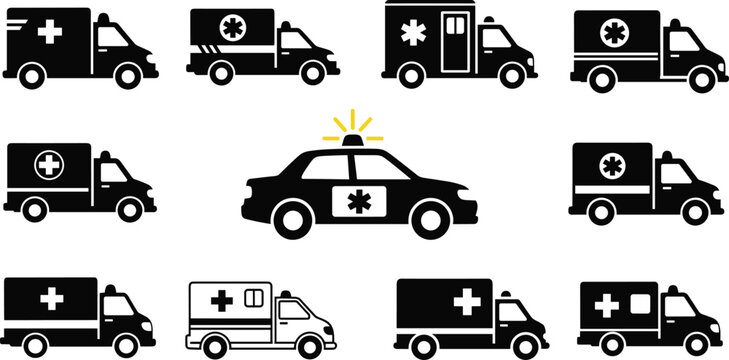 Set of ambulance and emergency vehicle silhouettes including paramedic vans and medical response cars with siren lights, black vector icon collection