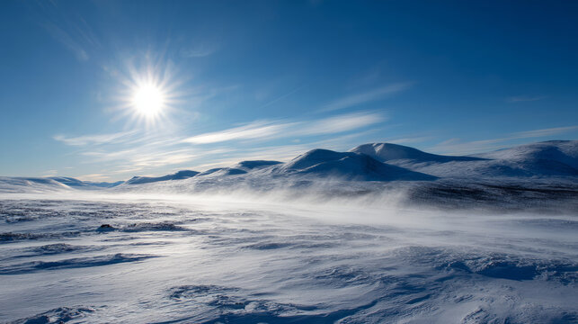 Pale sun low in the sky above a wind-blasted permafrost plateau. Life in permafrost conditions, climate change problems on the planet. Global warming