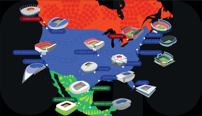 Naklejka premium North America Football Championship 2026 Host Cities Map with Stadiums Vector Illustration
