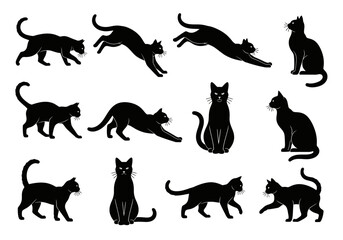 Fototapeta premium Black Cat Silhouette Vector Set - Various Feline Poses Including Jumping, Stretching, Sitting, and Walking - Isolated Minimalist Animal Icons