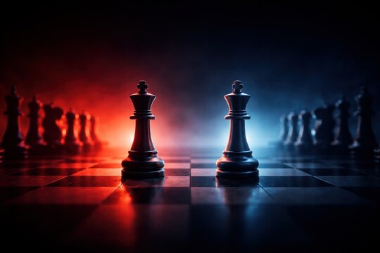 Chess kings facing each other on board under red and blue lighting, strategic confrontation, leadership rivalry, competitive decision making.