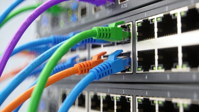 Close-up of colorful ethernet network cables plugged into modem ports