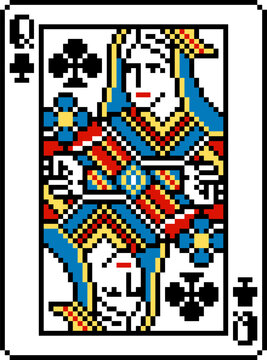 A pixel art playing cards deck design, queen of clubs. An original design, each card 55 squares wide by 74 tall.