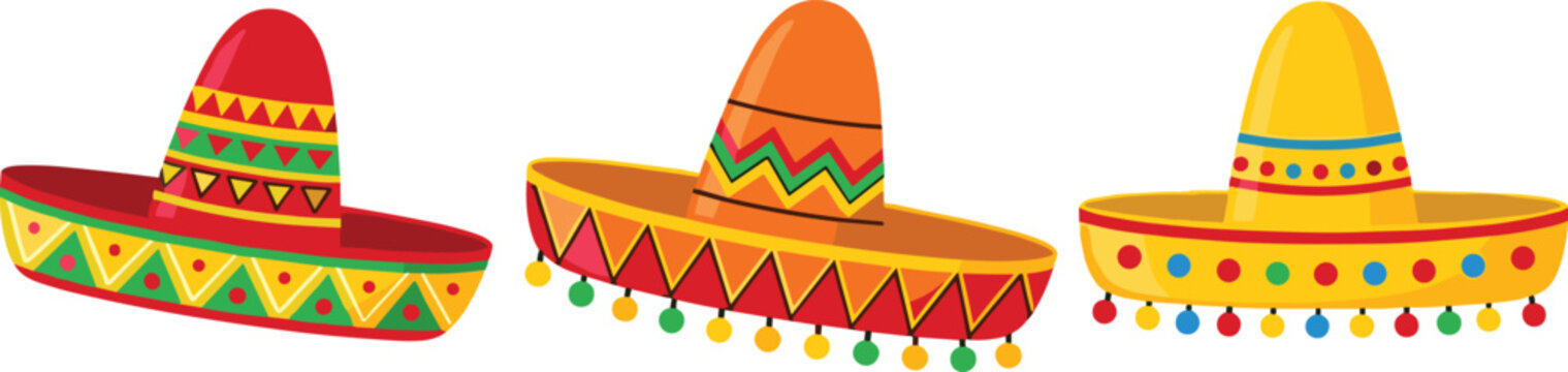 Mexican sombrero hats collection with colorful patterns and decorations, festive traditional vector illustration for culture, fiesta, and celebration design