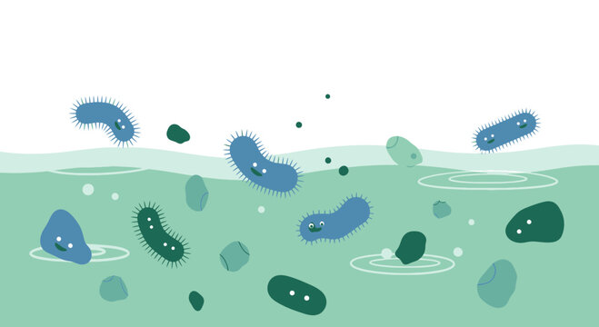 Happy cartoon bacteria swimming in green water, science illustration