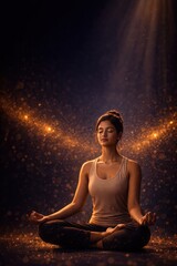 Obraz premium Vertical meditation scene with woman in lotus pose under warm light, mindfulness practice, calm and balance concept.