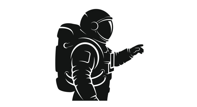 Silhouette of an astronaut in a spacesuit pointing forward with a gloved hand