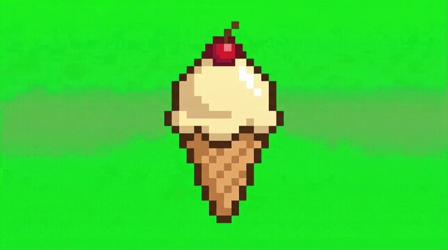 Pixel art ice cream cone with cherry topping isolated on green chroma key background, sweet dessert concept.