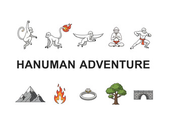 Fototapeta premium A graphic with six depictions of Hanuman in different poses above text and five associated icons below