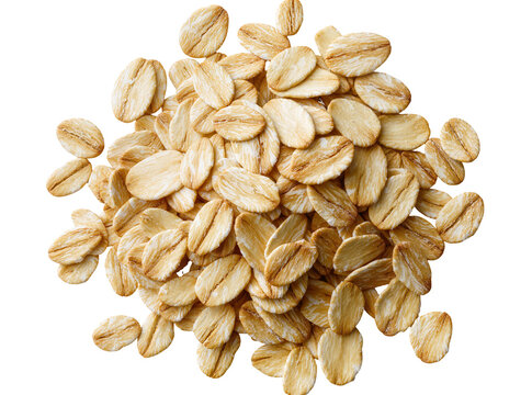 Pile of dry raw oat flakes, a healthy whole grain breakfast ingredient, naturally isolated on transparent background PNG for food packaging and diet concepts