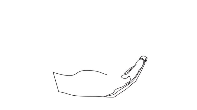 Animated self drawing of continuous line draw of hand with a light bulb. Hand holds light bulb logo identity. Full length one line animation. 4K	