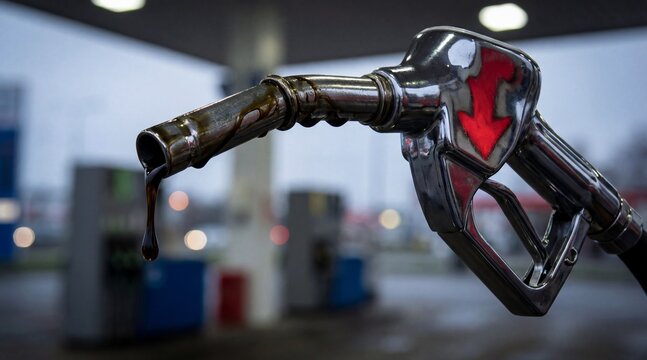 fuel nozzle with dripping black crude oil and red downward arrow symbol at gas station representing decreasing gasoline prices and energy market crash