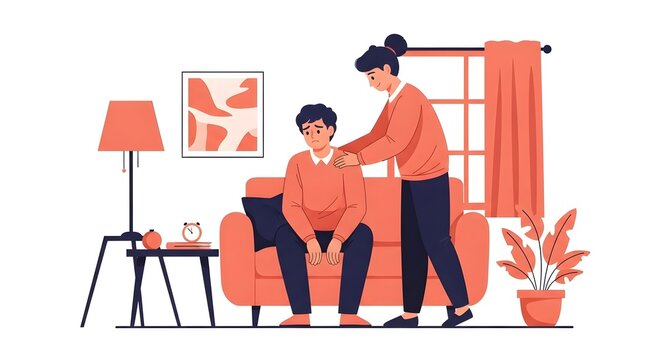 Woman Comforting Sad Man on Sofa Mental Health Support.