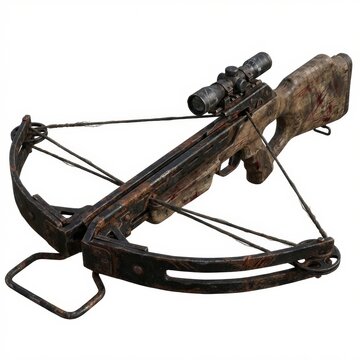 Realistic 3D render of a worn, rusty crossbow with a scope, ideal for themes of survival, apocalypse, hunting, or medieval fantasy. Isolated on white.