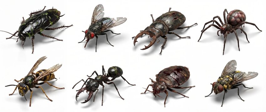 Macro 3D rendered collection of mutated insects and arachnids: cockroach, fly, spider, wasp, ant, stag beetle. Isolated on white for horror, sci-fi, pest control. Generative AI.