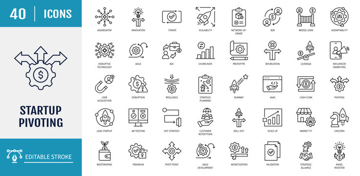 Startup pivoting icon set. Includes innovation, adaptability, iterate, disruption, bifurcation, agile icon. Outline icon set. Vector illustration with editable stroke