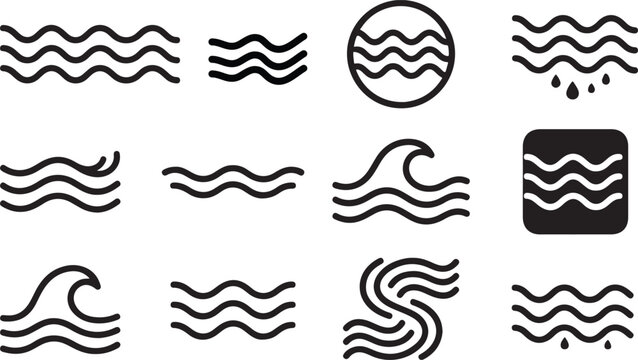 Water waves icon set. Three parallel wavy lines symbolizing waves or water flow vector illustration. Simple sea ripple pictogram symbol. Clean water sign. Minimalist wave pictogram.