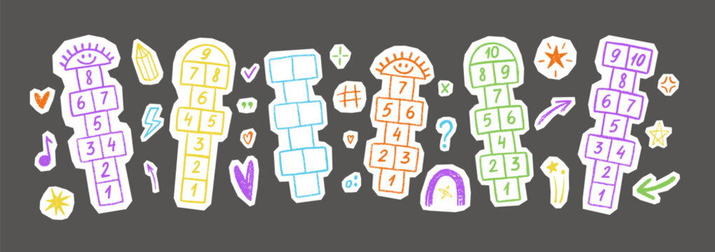 Vibrant chalk-drawn children's activity on asphalt surface. Numbered squares create classic outdoor recreation pattern with heart, star and arrow. Vector illustration.