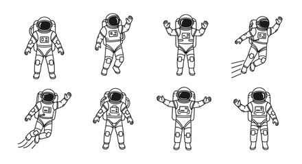 Line art illustration of eight astronauts in various poses floating in space © Ziaul_Studio