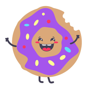 A colorful cartoon donut with a happy face and purple frosting