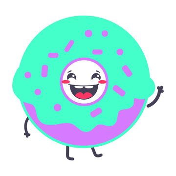 A colorful cartoon donut character with a happy face and legs
