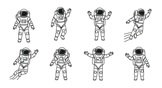Line art illustration of eight astronauts in various poses floating in space