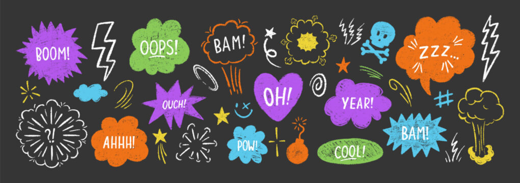 Comic explosion effect with colorful boom burst and cartoon bang elements, hand-drawn pencil sketch style with crayon or chalk texture. Vector illustration.