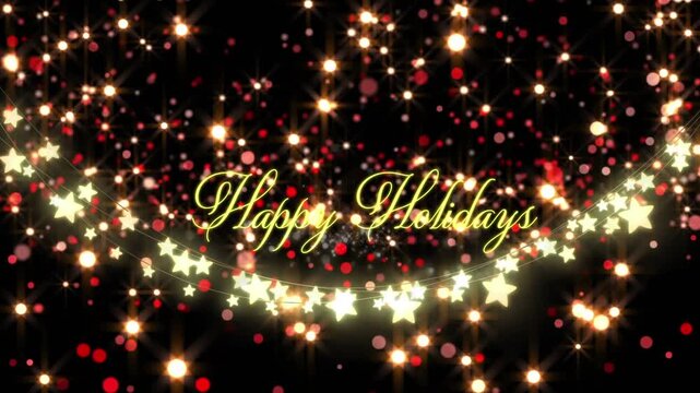 Animation of happy holidays text over stars and light spots on black background