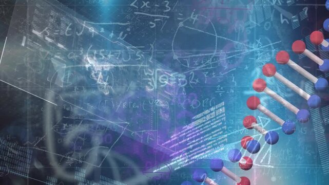 Animation of dna and scientific data processing on blue background
