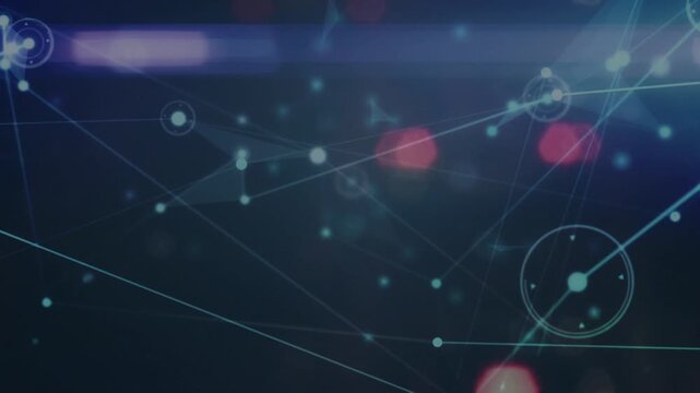 Animation of network of connections and red hexagons moving on black background